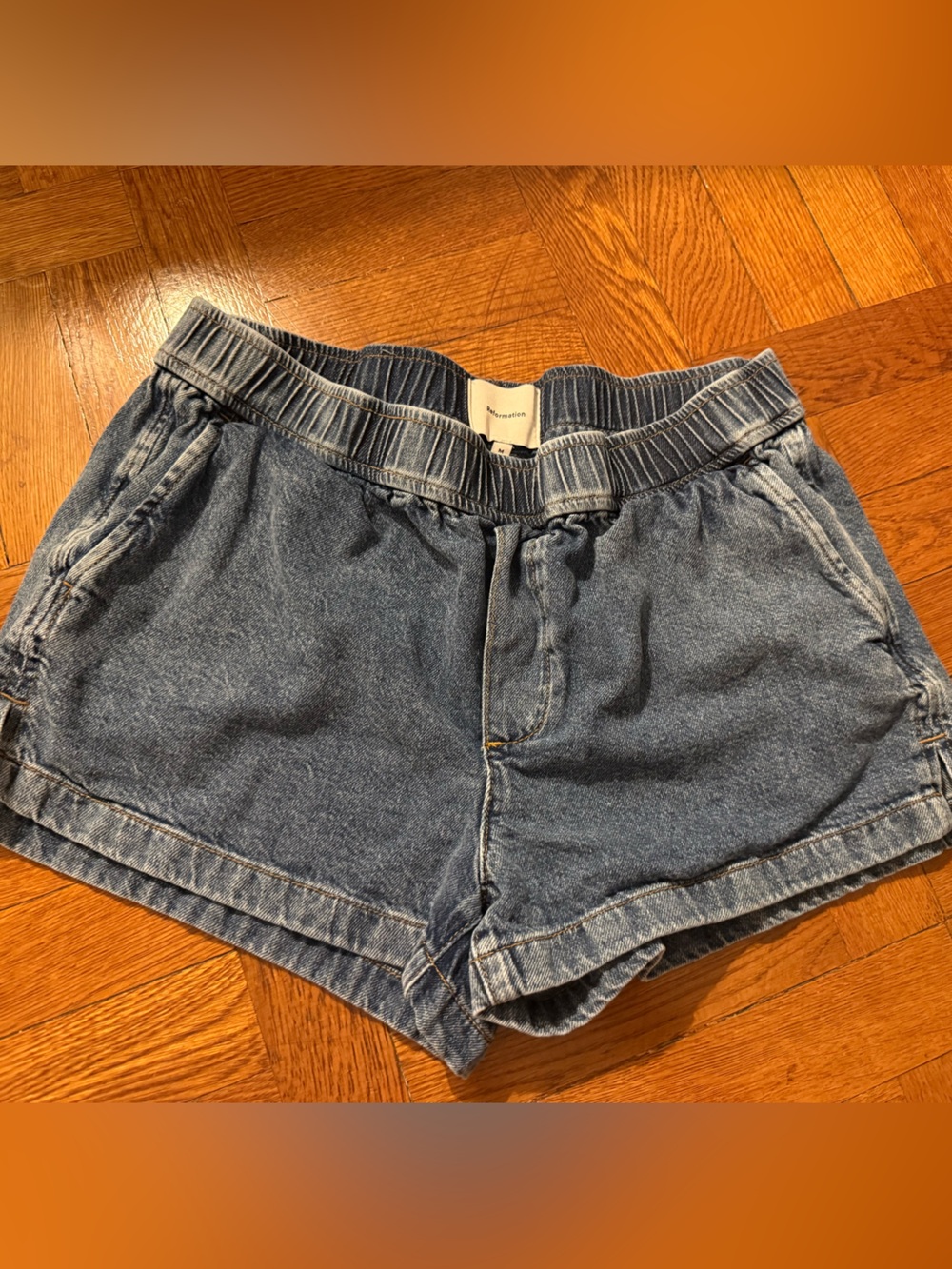 Reformation Light Blue Denim Elastic-Waist Jean Shorts